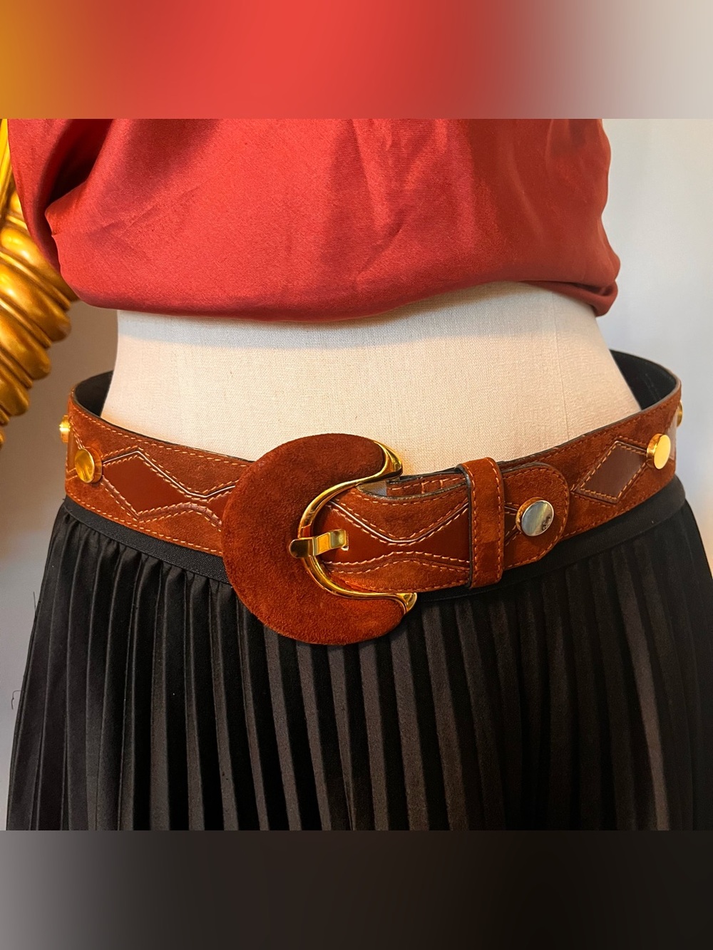 Vintage Escada Rust/Brown Suede Leather Belt with Gold-Tone Crescent SuedeBuckle
